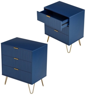 FUROKOY Nachttisch Nachttisch 2er set mit 3 Schubladen,Beistelltisch mit Metallbeine, (klassischen Elementen Schrank mit Metallgriffe,Dunkelblau), 60 x 40 x 70 cm Schubladenschrank für Schlafzimmer Flure Wohnzimmer