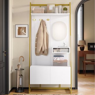 Merax Kompaktgarderobe mit Spiegel, Garderoben-Set aus Holz & Metall (1-St) Flurschrank mit Metallhaken, Schuhschrank & Sitzbank, 78×180,5×38,5 cm