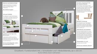 Einzelbett Easy Premium Line K8 inkl. 2 Schubladen, 90x200 cm Buche Vollholz massiv weiß lackiert