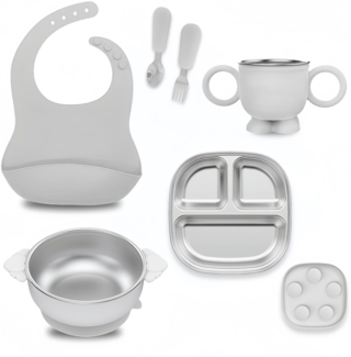 Kindergeschirr-Set, bruchsicherer, abnehmbarer Teller aus Edelstahl 304 mit Saugnapf, grau.