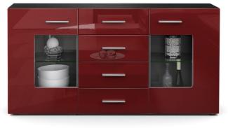 Sideboard Kommode Grömitz V1, Korpus in Schwarz matt / Front in Bordeaux Hochglanz (139 x 72 x 35)