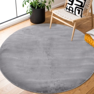 Teppich Rund Wohnzimmer Hochflor - Einfarbig Grau - 160x160cm - Kuschelig Weich Samtweich - Schlafzimmer Dekoration - Deko Teppiche