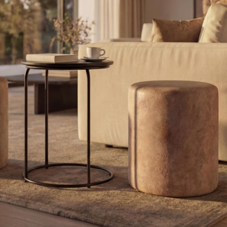 2er-Set Sitzhocker und Beistelltisch HWC-K48, Kaffeetisch Tisch Hocker, MVG-zertifiziert MDF Metall Kunstleder ~ braun