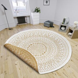 Northrugs Porto In- und Outdoor Teppich Rund – Runder Wendeteppich Wasserfest Mandala Design Flachgewebe Teppich Wetterfest für Balkon, Terrasse, Garten, Wohnzimmer in Ocker, ⌀100cm