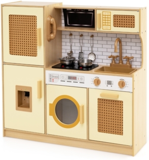 Kinderküche mit Rattantüren & Licht & Sound & Kühlschrank Spielküche Spielzeugküche Gelb