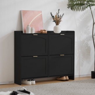 HAUSS SPOLE Schuhschrank 110×90×24cm Schuhkommode Schuhkipper mit Verstellbare Einlegeböden (Schuhregal Schuhablage mit 4 Klappenfächern, Kippschutz) geeignet für Eingangsbereich oder Flur, Schwarz