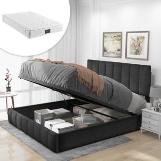 BlingBin Boxspringbett Polsterbett (Modernes Bettgestell mit Stauraum, 140x200cm), Bett mit Verstellbares Kopfteil, Leinenmaterial