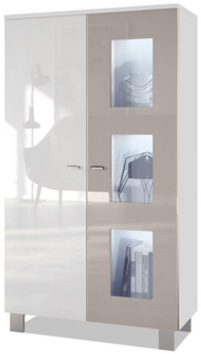Vladon Vitrine Denjo, Standvitrine mit 2 Türen und 3 Glaseinsätzen, Weiß matt/ Weiß Hochglanz/ Sandgrau Hochglanz inkl. LED-Beleuchtung (71 x 129 x 35 cm)