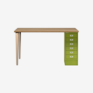 MultiDesk, 2 Eichenfüße, 1 MultiDrawer mit 6 Schüben, Dekor natürliche Eiche, Farbe Grün, Maße: H 740 x B 1400 x T 600 mm