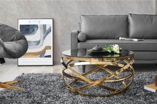 Couchtisch 80 x 80 cm Rund aus Glas mit Designgestell in Gold