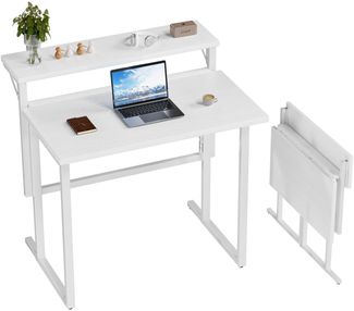 JUMMICO Schreibtisch Klappbar, 80cm Kleiner Schreibtisch mit Monitorablage, 2-stufiger Klapptisch für Home Office, Büro, Schule, Computertisch für kleine Räume (Weiß)