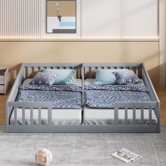 Bett 90x200 cm (2x 90x200) mit Sicherheitsgitter aus Kiefer – platzsparendes Kinderzimmer-Set in Grau