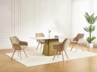 Vente-unique - Drehstuhl 2er-Set mit Armlehnen - Stoff & Eiche - Beige - VELBURY