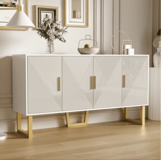 BlingBin Sideboard Moderner Kommode Anrichte Küchenschrank mit 4-Türen (luxuriöser Sideboard mit Höhenverstellbare Regale, MDF & PB, 1 St, 150 x 40 x 82 cm, Produktladung: 35 kg), Hochglänzenden Strukturierten Türen und Goldenen Griffen, Weiß
