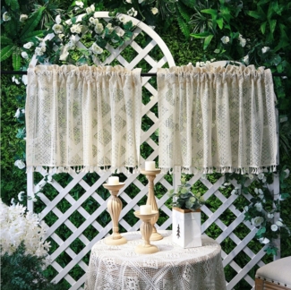 Jibenhome Vorhang Kurze Vorhänge Vintage-Quasten Boho-Gardinen, Stangentasche, Creme, Halbtransparent Fenstervorhänge