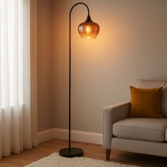 LED Stehleuchte, gebogen, Glas kupfer, schwarz, H 150 cm