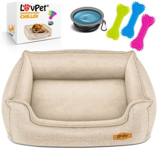 LovPet® Hundebett Hundekissen Hundekorb Chiller, Inkl. Napf + 3X Kauknochen, Hundesofa Kissen für Kleine, Mittelgroße & Große Hunde, Bezug abnehmbar und waschbar Beige, XL (110 x 75 x 27 cm)