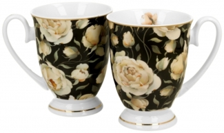 DUO GOLDEN LINE 2er Set Becher mit Fuß 320 ml ENGLISH ROSES BLACK, New Bone China Porzellan