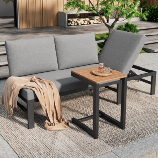 Merax Gartenmöbel-Set, Outdoorsofa, 3-Sitzer-Sofa, mit verstellbarer Neigungsfunktion (5-stufig, bis 55°), mit Tisch, verzinktes Stahlrohr, Tischplatte aus Kunststoff-Holz, grau