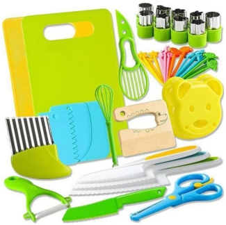 OKWISH Kinderkochmesser 46 Teiliges Kinder Sicherheit Küchenmesser Set Kochspielzeug, Montessori Lernspielzeug Geschenkset für Jungen Mädchen
