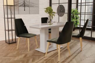 Essgruppe Weiss HGL-Tisch mit 4 Braun CAROS Stühlen für Esszimmer oder Küche