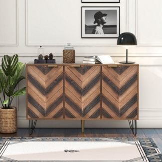 OKWISH Sideboard Kommode mit 3 Türen und goldenen Metallgriffe (Sideboard), mit Fischgrätenmuster Dekor und Eisenfüße