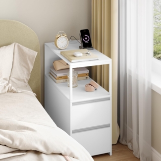 Schmaler Beistelltisch, 2er Set, Nachttisch, Schmaler Nachttisch mit 2 Schubladen und Offenem Fach, Sofatisch, für Kleine Räume, Wohnzimmer, Schlafzimmer, Modern, 60 x 30 x 65 cm, Weiß