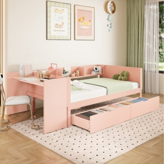 Flieks Kinderbett, Massivholzbett Einzelbett 90x200 cm mit Schreibtisch und 2 Schubladen