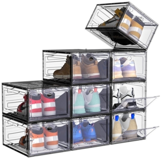 POPOLIC Schuhkiste 6/9/10 Stück Schuhboxen stapelbar Schuhboxen aus klarem Kunststoff (Hartplastik Schuhbox mit Deckel, 9 St, Schuhorganisatoren mit Magnettür für Größe 46 - Hartplastik), faltbar und stapelbar, für Stöckelschuhe,Pumps, Schuhaufbewahrung