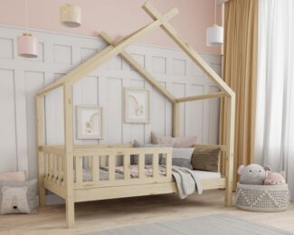 Deine Möbel 24 Hausbett Kinderbett STAR PLUS für 1 Kind Weiß Grau Kiefer Natur Beige Rosa (80x180 90x200 120x200 140x200 Bett für Kinder Komplettbett mit abnehmbarem Rausfallschutz Schutzgitter, 2-tlg, Matratze optional), inkl. Lattenrost
