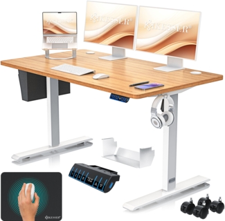KESSER® Höhenverstellbarer Schreibtisch elektrisch | Ergonomisch Steh-Sitz Schreibtisch | 3-Funktions-Memory Steuerung | Inkl. 360° Rollen & USB-Ladeanschluss | Computertisch für Homeoffice Beige, 140 x 70 cm