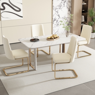Esszimmerstuhl Samt Rauten Design 4 Stück Set Metallgestell Beige Küchenstuhl Loungesessel 150kg belastbar