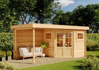 Alpholz 5-Eck Gartenhaus Modell Mosel-28 mit Flachdach Gartenhaus aus Holz in Braun Holzhaus mit 28 mm Wandstärke inklusive Terrasse Blockbohlenhaus mit Montagematerial