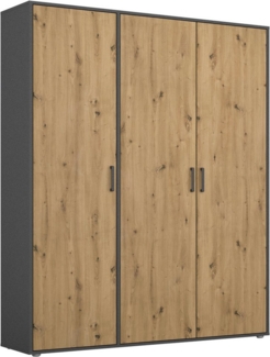 Rauch Möbel Voyager, Kleiderschrank für Schlafzimmer, Kinderzimmer, Jugendzimmer, Flur, 3-türig, mit Zubehör Classic, Farbe Eiche Artisan, Holz/Grau metallic, Schwarz, Breite 140cm