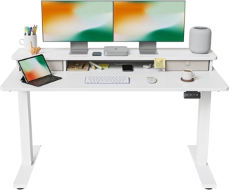 FEZIBO Elektrischer Stehtisch Doppelschublade 140x60 cm Ablage Weißer