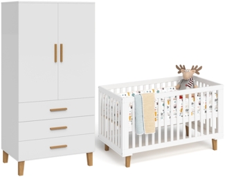 Bellabino 'Liri' Babyzimmer Set aus Babybett 70x140 cm und Kinderkleiderschrank, weiß, 3-fach höhenverstellbares Kinderbett (umbaubar in Juniorbett), Kleiderschrank für Kinderzimmer mit 3 Schubladen