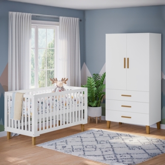 Bellabino 'Liri' Babyzimmer Set aus Babybett 70x140 cm und Kinderkleiderschrank, weiß, 3-fach höhenverstellbares Kinderbett (umbaubar in Juniorbett), Kleiderschrank für Kinderzimmer mit 3 Schubladen