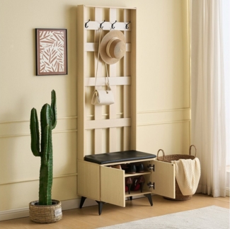 Merax Garderobe mit Sitzbank und 4 Kleiderhaken (Holzmaserung, 1 St, 179,5 × 60 × 35 cm), Kleiderschrank mit Stauraum, Flurmöbel mit schwarzen Stahlbeinen