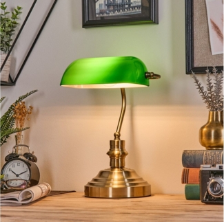 hofstein Tischleuchte Tischlampe aus Metall/Glas in Messing/Grün/Weiß, Schreibtischlampe, ohne Leuchtmittel, traditionelle Bankerlampe für Büros im Vintage-Design, Zugnschnur, E27