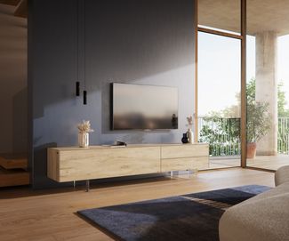 Lowboard Cuor 220 cm Keramik Laminam® Sabbia Eichefarbig 1 Klappe 2 Schubfächer Fuß Schwebeoptik Acrylglas