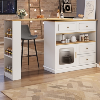 Bartisch, Ausziehbarer Hochtisch mit Stauraum 360° drehbar moderner Bar Table mit Regalen und Glas, MDF+Metall+Glas, Weiß, 125-181x39x104.5cm