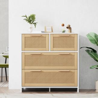 MODFU Sideboard Rattanschrank (Sideboard mit 4-Schubladen und Massivholzgriffen), Maße: B80/H80/T38 cm