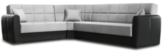 Dmora Schlafsofa mit Halbinsel Gaillardia, Sofa mit Stauraum aus Öko-Leder und Stoff, Sofa mit Klick-Klack-Öffnung, 305 x 238 x 91 cm, Schwarz und Hellgrau