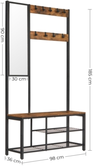 Vasagle Garderobenständer mit Spiegel, Haken, Schuhregal, Holzspanplatte Vintagebraun/Schwarz, 98 x 36 x 185 cm