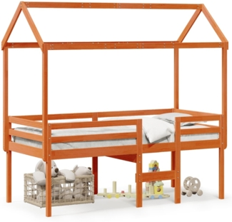 vidaXL Hochbett mit Dach Wachsbraun 90x190 cm Massivholz Kiefer 3282140