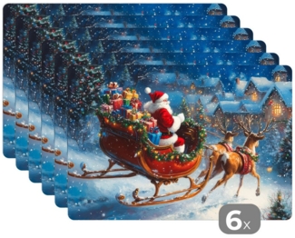 MuchoWow Platzset Weihnachtsmann - Rentier - Weihnachten - Schnee, (6-St), Platzsets, Tischset, Abwaschbar, Tischsets, Platzdeckchen