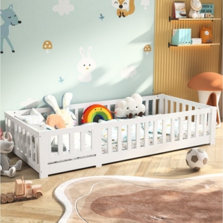 Furnishings Home Holzbett Kinderbett Bett mit Rausfallschutz & Lattenrost Montessori Bett Kinder (Sehr gut geeignet für Kinder und Baby), Jugendbett Einzelbett, Ohne Matratze, weiß Kiefer 90 x 200 cm