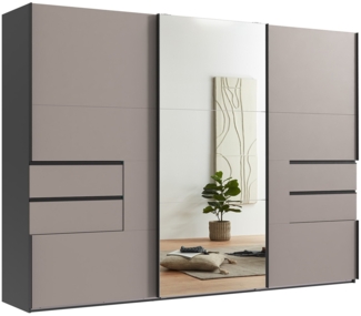 SCHWEBETÜRENSCHRANK B300/H216/T65 cm, Korpus Grafit, Türen und Schubladen Sand Grau / Spiegel, inkl. Vollausstattung