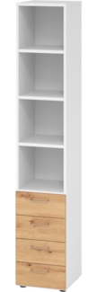 bümö smart Schubladenschrank, Büroschrank in Weiß/Asteiche mit 4 Schüben & 4 Regalfächern - Bürocontainer aus Holz, Container mit Metallgriffen & Soft-Stop Schubladen, 964S4-W-R-BS