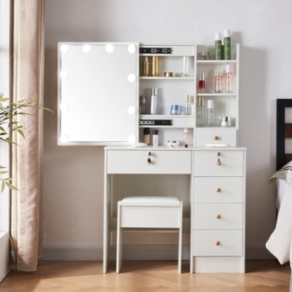 Schminktisch mit LED Licht, Hocker, Spiegel, 6 Schubladen, Einstellbare